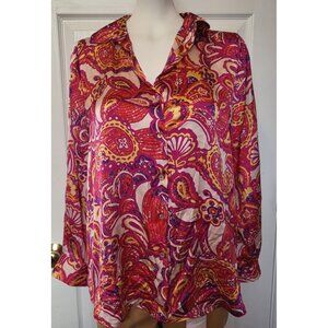 Haver London Button Down Blouse Paisley Reds & Pinks Long Sleeve Size S/P, NWOT